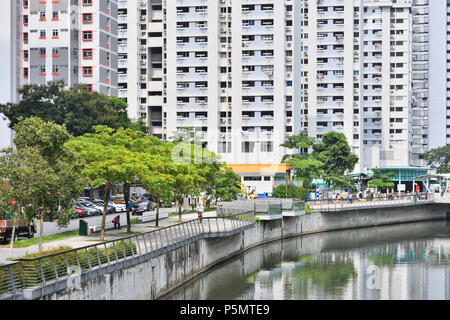 A residential area along the Rochor Canal and North Bridge Road. This looks at government-subsidized 'public housing' HDB flats in a heartland. Stock Photo