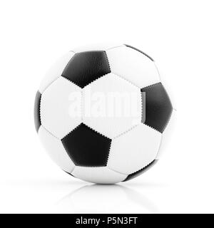 Classic soccer ball on white background with reflection on white surface. Stock Photo