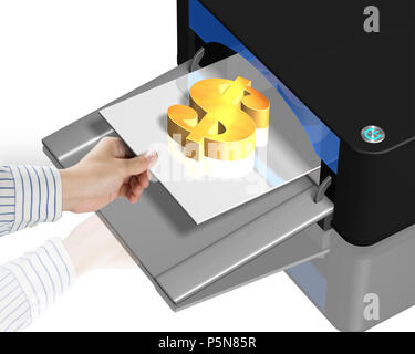 3D printer with gold money symbol on tray Stock Photo
