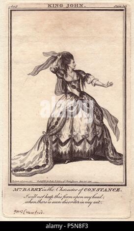 Mrs. Ann Barry as Constance in 'King John.' Ann became one of the finest actresses of the 18th century while married to the fine actor Spranger Barry.. . Copperplate engraving from 'Bell's Shakespeare' published by John Bell, London, 1776. Drawn by James Roberts. Stock Photo