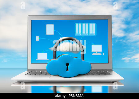 Cloud shape lock with laptop on table blue sky background Stock Photo