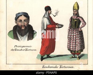 Tatar women smoking a pipe and wearing a mitre from Condara? and the physiognomy of a Tomsk Tatar man. Handcoloured lithograph from Friedrich Wilhelm Goedsche's 'Vollstaendige Völkergallerie in getreuen Abbildungen' (Complete Gallery of Peoples in True Pictures), Meissen, circa 1835-1840. Goedsche (1785-1863) was a German writer, bookseller and publisher in Meissen. Many of the illustrations were adapted from Bertuch's 'Bilderbuch fur Kinder' and others. Stock Photo