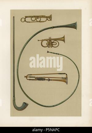 Lituus, buccina, cornet, and trumpets. Chromolithograph from an illustration by William Gibb from A.J. Hipkins' 'Musical Instruments, Historic, Rare and Unique,' Adam and Charles Black, Edinburgh, 1888. Alfred James Hipkins (1826-1903) was an English musicologist who specialized in the history of the pianoforte and other instruments. William Gibb was a master illustrator and chromolithographer and illustrated 'The Royal House of Stuart' (1890), 'Naval and Military Trophies' (1896), and others. Stock Photo