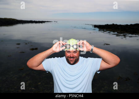 Embargoed to 1100 Wednesday June 27 Nicholas Murch, from London, who has become the first person to swim the North Channel this year, at his starting point in Donaghadee, Co. Down. Stock Photo
