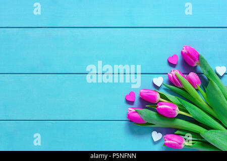 Pink colorful tulips over a blue background, in a flat lay composition with copy space. Stock Photo