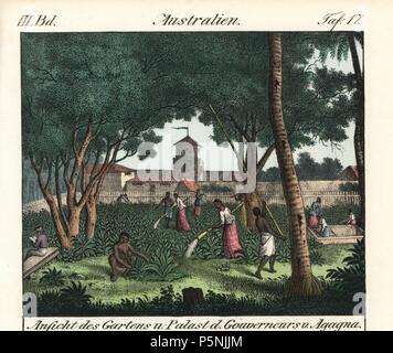 View of Chamorro natives working in the gardens of the Spanish Governor's Palace, Agagna, Guam. Handcoloured lithograph from Friedrich Wilhelm Goedsche's 'Vollstaendige Völkergallerie in getreuen Abbildungen' (Complete Gallery of Peoples in True Pictures), Meissen, circa 1835-1840. Goedsche (1785-1863) was a German writer, bookseller and publisher in Meissen. . Illustration from Freycinet's 'Voyage autour du monde,' 1824. Stock Photo