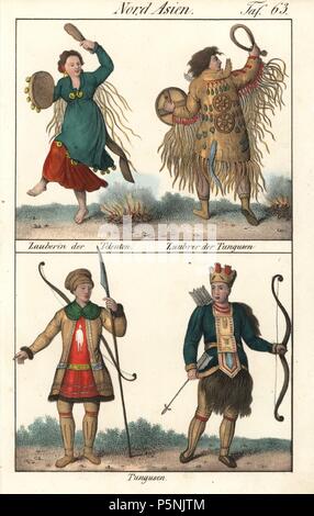 Female wizards of the Teleut and Tungus people of Siberia in ritual clothes and shield drum. Two Tungus hunters below with clothes of reindeer skin carrying bow, arrows, quiver and spear. Handcoloured lithograph from Friedrich Wilhelm Goedsche's 'Vollstaendige Völkergallerie in getreuen Abbildungen' (Complete Gallery of Peoples in True Pictures), Meissen, circa 1835-1840. Goedsche (1785-1863) was a German writer, bookseller and publisher in Meissen. Many of the illustrations were adapted from Bertuch's 'Bilderbuch fur Kinder' and others. Stock Photo