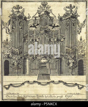 N/A. Die in der Garnisonkirche (Berlin) befindliche grosse Orgel; Kupferstich; 17.1 x 14.6 cm; aus: Die gute Hand Gottes über Die Garnison-Kirch- und Schul-Anstallten, in der Königlichen Preußischen Residentz Berlin, 1737, S. 88/89 . 1737. Johann Friedrich Walther [Illustr.]. Georg Paul Busch [Stecher] 191 Berlin Garnisonkirche Orgel 1737 Stock Photo