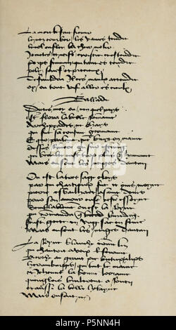 N/A. English: Opening lines of Villon's 'Balade des dames du temps jadis' from the Stockholm manuscript . 1475/1500; facsimile published 1906. Scan archive.org; unknown 15th century scribe; text by François Villon 164 Balade des dames Stockholm Stock Photo