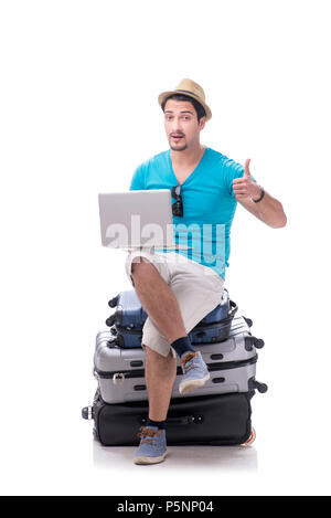 Freelancer working on the go isolated on white Stock Photo