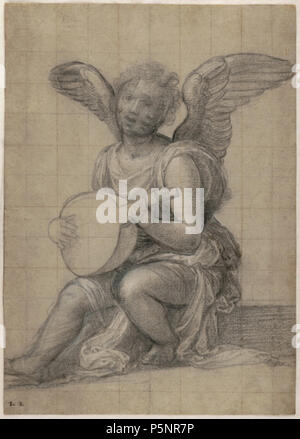 N/A. English: Angel Playing the Lute by Fra Bartolommeo, black and white chalks on beige laid paper, squared for transfer in black and red chalks, 14¼ x 10¼ in. (36.2 cm x 26.04 cm), Crocker Art Museum . Fra Bartolommeo 174 Angel Playing the Lute by Fra Bartolommeo, chalk Stock Photo