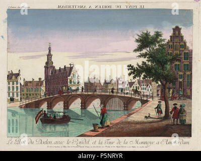 N/A. Nederlands: Beschrijving Le pont du Doelen avec le Rondel et la Tour de la Monnoye a Amsterdam Voorstelling in spiegelbeeld. Gezicht op de Doelenbrug, gezien vanaf de Oude Turfmarkt naar de Amstel. Geheel rechts de ingang van de Nieuwe Doelenstraat. Links het Muntgebouw met de Munttoren, ooit het wachthuis voor de schutterij, met daarvoor de vijf Engelse huizen en geheel links de ingang van het Rokin. Techniek: ets, handgekleurd. Documenttype prent Vervaardiger Leizelt, F. Beijer, Jan de (1703-1780) Collectie Collectie Stadsarchief Amsterdam: tekeningen en prenten Datering 1763 Geografisc Stock Photo