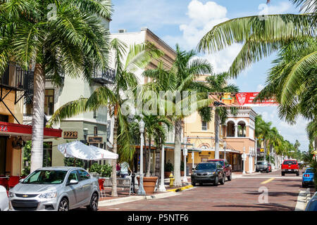 Florida Fort Ft. Myers River District 1st First Street businesses downtown,shopping shops marketplace stores business district palm trees, Stock Photo