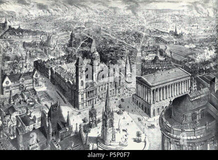 N/A. English: Bird's Eye View of Birmingham in 1886 by H. W. Brewer. Note: Birmingham city centre in 1886 looking over Chamberlain Square with the newly extended Council House and art gallery (in the centre), the Town Hall (the building with pillars on the right) and Christ Church between them (demolished - now Victoria Square). The Chamberlain memorial which is at the bottom in the centre. Centre of left margin with a rose window is the Birmingham School of Art. New Street station and St Martin in the Bull Ring church are above the Town Hall. St Philip's Cathedral above the square tower of th Stock Photo
