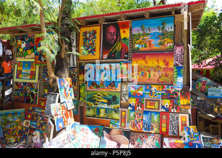 LABADEE, HAITI - MAY 01, 2018: Handcrafted Haitian souvenirs sunny day on beach at island Labadee in Haiti Stock Photo