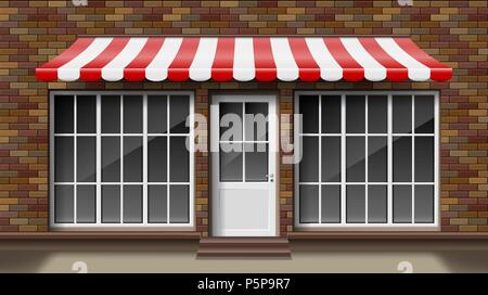 Brick small 3d store front facade Template with awning. Exterior empty shop or boutique with big window. Blank mockup of stylish realistic street shop. Vector illustration Stock Vector