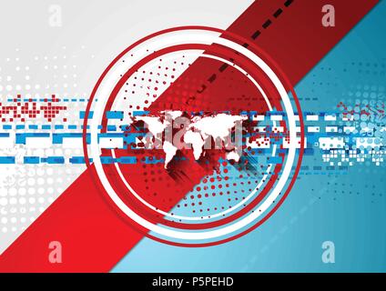 Red and blue corporate technology background with geometric elements and world map. Tech grunge halftone abstract vector design Stock Vector