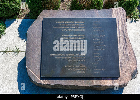 Commemorative plaque dedicated to people of Iran for hosting 121K Polish refugees from the Soviet Russia in 1942 - Warsaw, Poland. Stock Photo