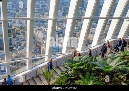 View of London through large windows from the Sky Garden, 20 Fenchurch St. London’s Highest Public Garden. Known as the Walkie Talkie. Horizontal. Stock Photo