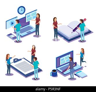 digital technology with teamwork isometrics Stock Vector