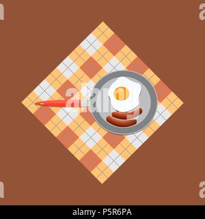 Fried egg and sausage in frying pan. Flat color style vector Icon. Cute icon for restaurant or cafe menu design. Stock Vector
