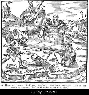 N/A. Woodcut illustration from De re metallica by Georgius Agricola. This is a 300dpi scan from the 1950 Dover edition of the 1913 Hoover translation of the 1556 reference. The Dover edition has slightly smaller size prints than the Hoover (which is a rare book). The woodcuts were recreated for the 1913 printing. Filenames (except for the title page) indicate the chapter (2, 3, 5, etc.) followed by the sequential number of the illustration. 2 May 2005, 07:13:22. TCO (talk) 223 Book8-47 Stock Photo