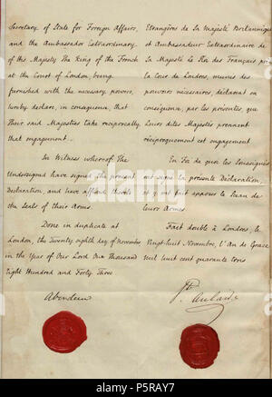 N/A. English: Anglo-Franco Proclamation. Signed on November 28, 1843 by George Hamilton-Gordon, 4th Earl of Aberdeen and Louis de Beaupoil de Saint-Aulaire . 1843. United Kingdom and France 102 Anglo-Franco Proclamation, page 2 Stock Photo
