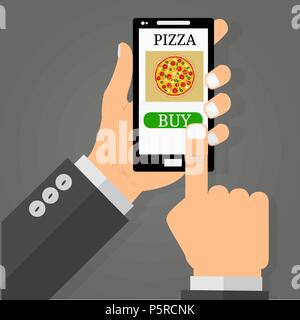Vector flat illustration .Hand holding smart phone, order pizza using a smartphone in pizzeria eps10 Stock Vector