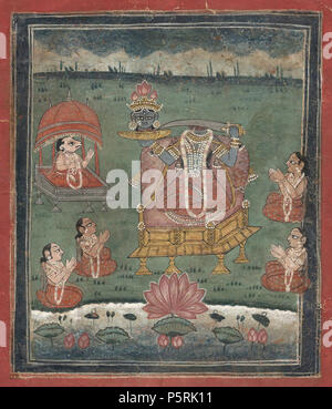 N/A. English: 'This beautiful work of art is an hand made unique and ancient traditional miniature painting from the Bundi School (one of the most prestigious school of the traditional art of Rajasthan in India). This is an original painting, not a copy, painted more than 238 years ago around year 1775. It measures 6,3 x 7,87 inches (16 x 20 cm) for the painting itself, not including painted frame. This painting was done with opaque water color made with natural pigments from different stones and real gold, on hand-made paper. It represents the goddess chinnamasta with severed head. This is a  Stock Photo