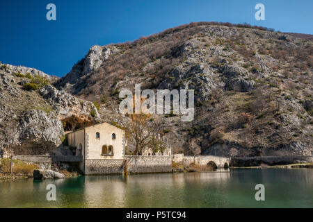 Hermitage of San Domenico, at Lago di Scanno, lake in Sagittario Gorges near town of Scanno, in Abruzzi Massif, Central Apennines, Abruzzo, Italy Stock Photo