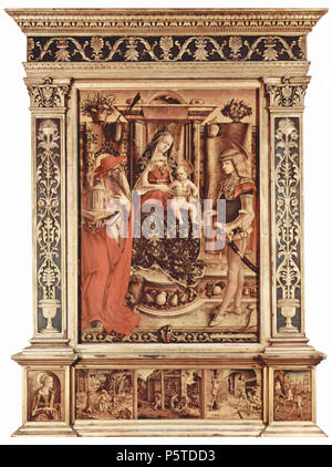 Deutsch: Odoni-Altar, Gesamtansicht, Mitteltafel: Thronende Madonna, Hl. Hieronymus und Hl. Sebastian, Predella: Szenen aus dem Leben von Heiligen  1490. N/A 275 Carlo Crivelli 075 Stock Photo