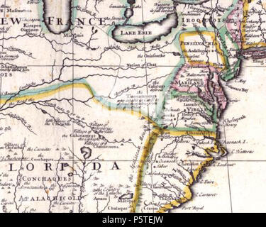 N/A. Français : Carte partielle de l'Amérique du Nord en English: Elements of Erie Nation or confederacy shown in the general area of the Upper Ohio Valley on this illustration as the 'NATION OF CHAT', a mal-translation of 'People of the Cat', the Iroquois nickname for their Iroquoian cousins whose full name was 'People of the Panther'[1]. Map Clip from John Senex map (ca. 1710) showing the peoples Captain Vielle passed on his journey (1692–94) to arrive in Chaouenon's country, as the French Jesuit called the Shawnee people.  . 1710. Unknown 279 Carte Nouvelle-france et 13 colonies en 1710 Stock Photo