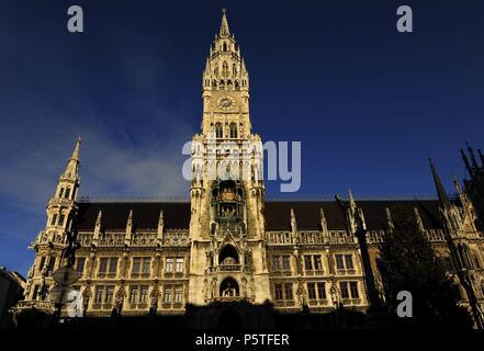 Germany. Munich. The New Town Hall (Neues Rathaus) at the northern part of Marienplatz. It was built between 1867 and 1908 by Georg von Hauberrisser (1841-1922) in a Gothic Revival architecture style. Stock Photo