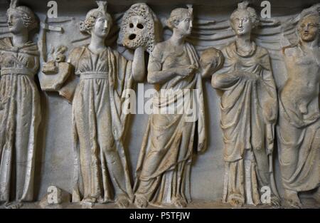 Roman sarcophagus. About 180 AD.  Goddess Athena, God Apollo and the nine Muses (goddesses of the inspiration of literature, science and the arts. Reliefs. Detail. Glyptothek. Munich. Germany. Stock Photo