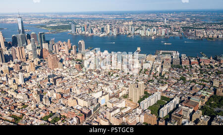 Aerial view of downtown, Greenwich Village, the Hudson River, Manhattan, NYC and Jersey City, NJ, Stock Photo