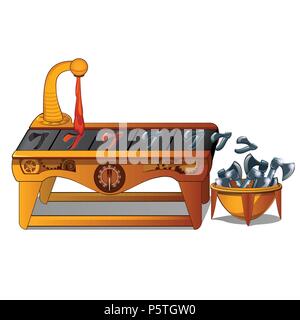 Fancy automated equipment for the production of metal axes isolated on white background. Vector cartoon close-up illustration. Stock Vector