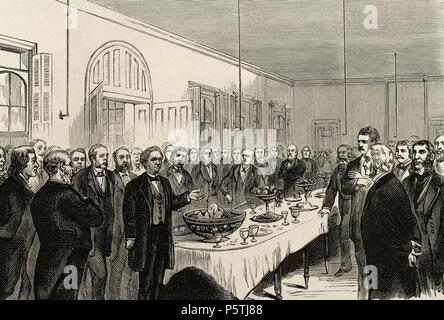 Samuel Hahnemann (1755-1843). German physician, founder of homeopathy. New York. 50th Anniversary of the introduction of homeopathy. Commemorative banquet in the Hospital of Ward's Island. Engraving by Capuz. The Spanish and American Illustration, 1875. Stock Photo