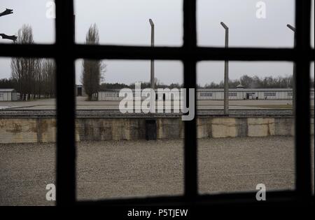 Dachau Concentration Camp. Nazi camp of prisoners opened in 1933. Exterior view from inside a barrack. Germany. Stock Photo