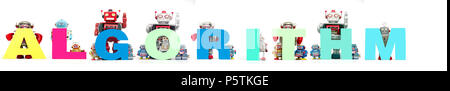 retro tin robot toys hold up the word ALGORITHM isolated on white Stock Photo