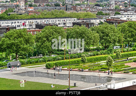 Rotterdam, The Netherlands, June 3, 2018: View of the fountain in the roofpark, built on top of a shopping mall and parking garage Stock Photo