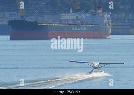 Harbour Air Seaplanes de Havilland Canada DHC-3-T Turbo Otter Floatplane, Taking Off From The Water At Vancouver Harbour Flight Centre, BC, Canada. Stock Photo