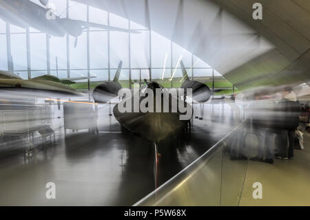 Lockheed SR-71 Blackbird spy plane in the American Air Museum at Imperial War Museum Duxford, Cambs, UK. Zoomed exposure. Zooming exposure Stock Photo