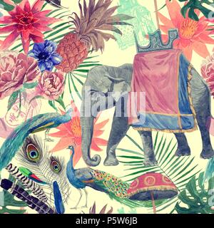 Seamless vintage indian style pattern with elephant, peacocks, flowers, leaves. Hand drawn watercolor. Stock Photo