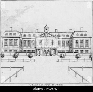 N/A. English: Clarendon House, Piccadilly, London (built circa 1667, demolished circa 1683), viewed from St James's Street. 1798 engraving by Nathaniel Smith and John Thomas Smith of London, copied from an earlier print in collection of Thomas Allen Esq. Published in Smith's 'Antiquities of London' 1798. Below image is a section of an old map showing the position of Clarence House facing directly down St James's Street. Below which is the following text: 'This view was copied from a rare print in the choice collection of Thomas Allen Esqr. to whom, for this and many other favors, the engraver  Stock Photo