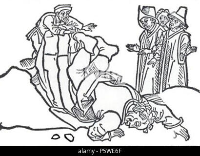 N/A.  English: A woodcut from the 1489 Spanish edition of La vida del Ysopet con sus fabulas historiadas depicts the death of Aesop, thrown from a rock by the people of Delphi.  . 1489. Anonymous artist; jpg created by me 430 Death of Aesop woodcut 1489 Stock Photo