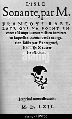 N/A. English: Title page of incomplete first edition of Rabelais's 'Le cinquieme livre' . 1562. Unknown typographer 349 Cinquieme livre tp Stock Photo