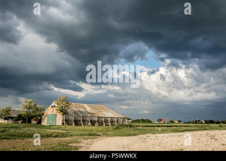 A cowshed in the background of a thunderous landscape. Gloomy thunderous rural landscape. Stock Photo