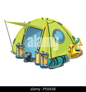 Yellow tent with equipment for diving isolated on white background. Vector cartoon close-up illustration. Stock Vector