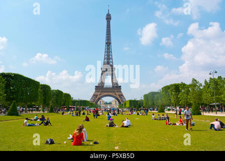 Eiffel tower, seen from Champ de Mars, Paris, France Stock Photo