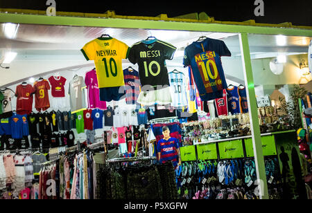 Football shirts on sale in Spanish holiday resort Stock Photo